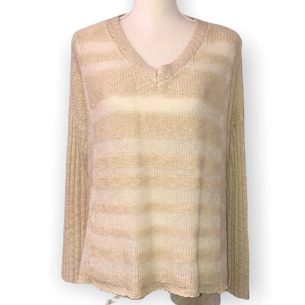MYSTREE Pullover Sweater Women's Size M/L Tan Hi-Low Sheer Knit V-Neck